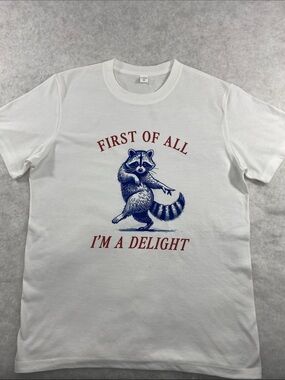 White Graphic Tee with Raccoon "First of All I'm a Delight" men’s medium